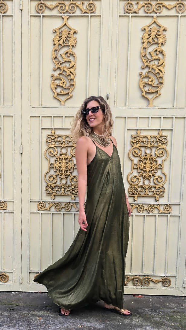 SLIP DRESS VERDE ORO
