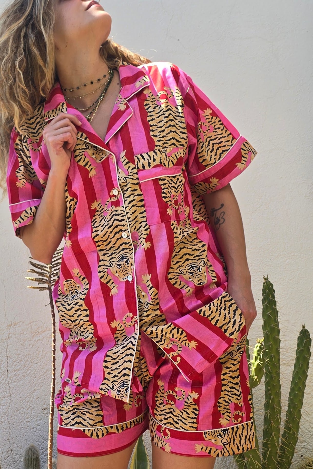 PYIJAMA COTONE DONNA -CORTO TIGRE TIBETANA FUCSIA ROSSO