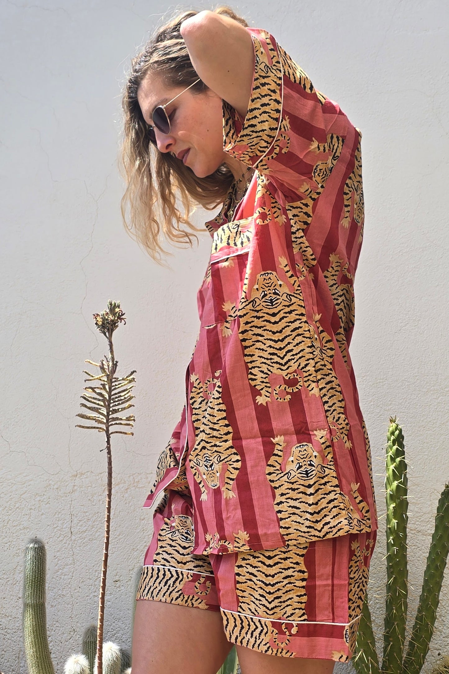 PYIJAMA COTONE DONNA - CORTO - TIGRE TIBETANA ROSA ANTICO