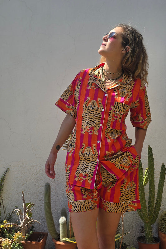 PYIJAMA COTONE DONNA - CORTO - TIGRE TIBETANA FUCSIA ARANCIO