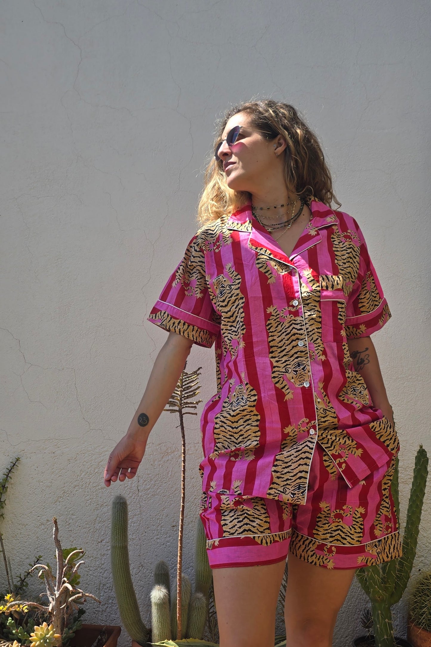 PYIJAMA COTONE DONNA -CORTO TIGRE TIBETANA FUCSIA ROSSO