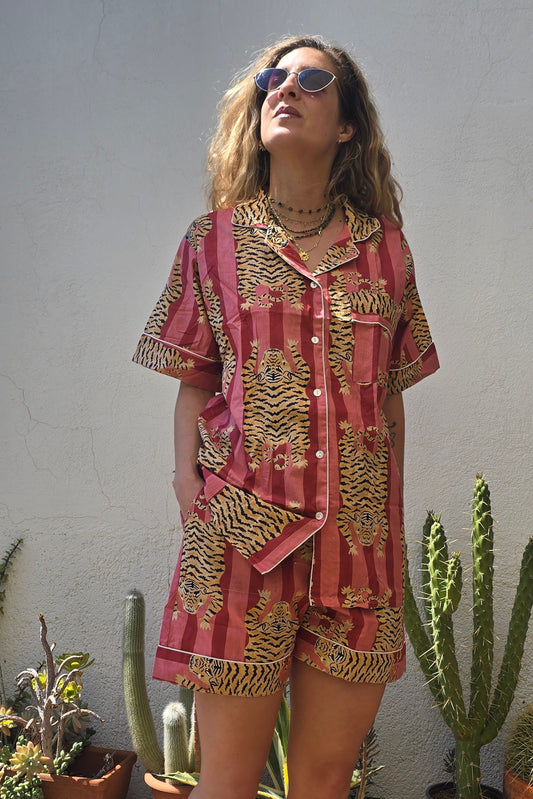 PYIJAMA COTONE DONNA - CORTO - TIGRE TIBETANA ROSA ANTICO